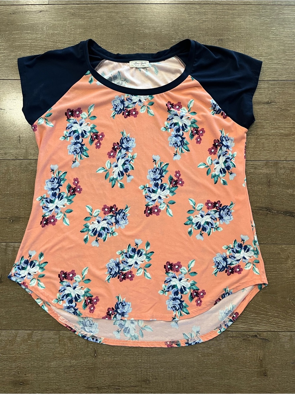 Ultra Flirt Coral Floral Raglan Tee with Navy Sleeves